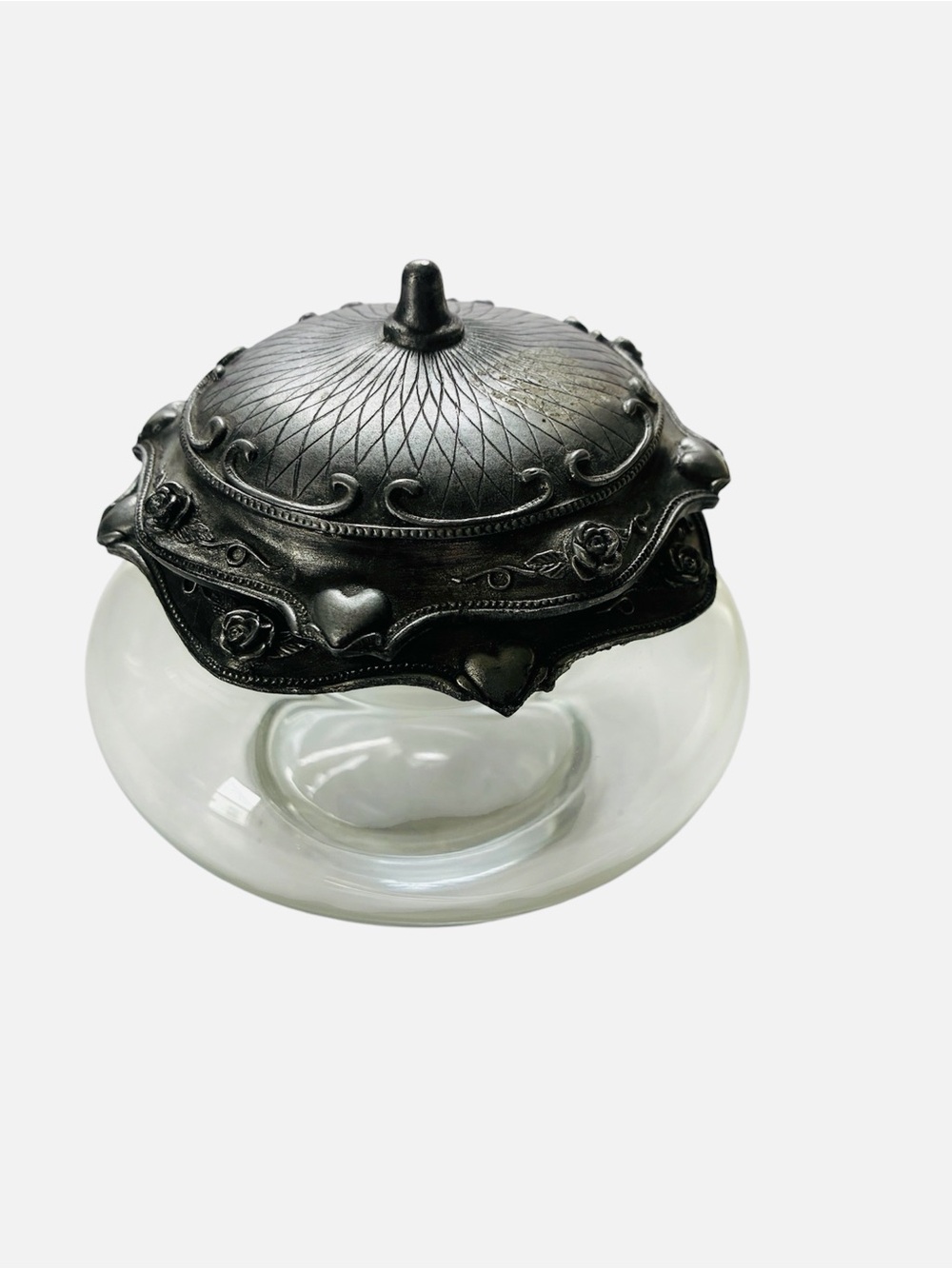 Vintage 1998 Metzke Pewter Double Piece Lidded Glass Jar Vanity Candy Trinket